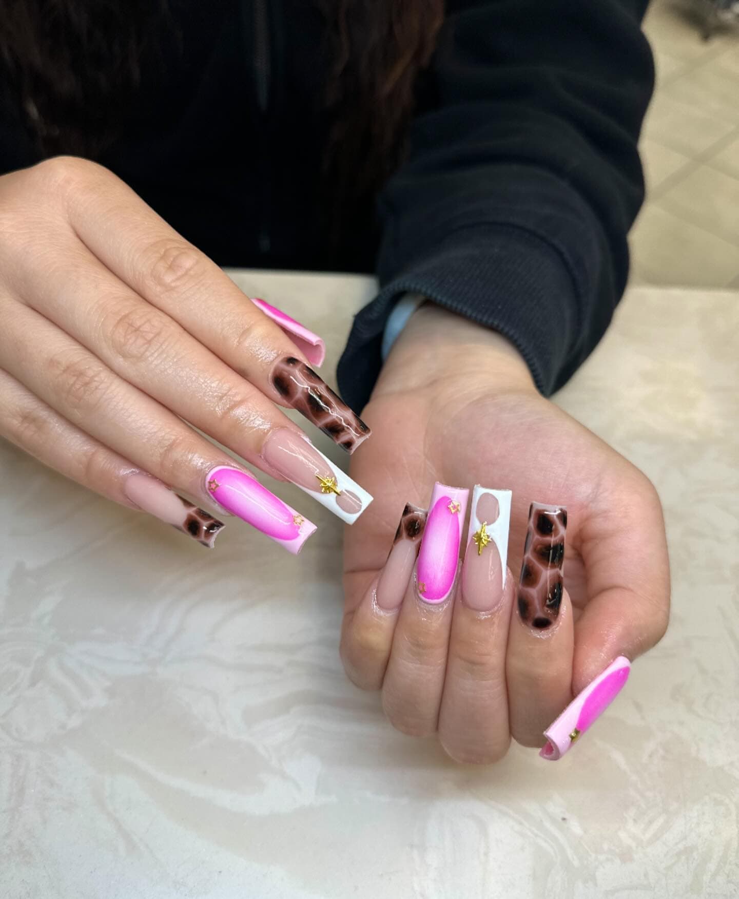 Long sculpted acrylic set with pink and tortoise design
