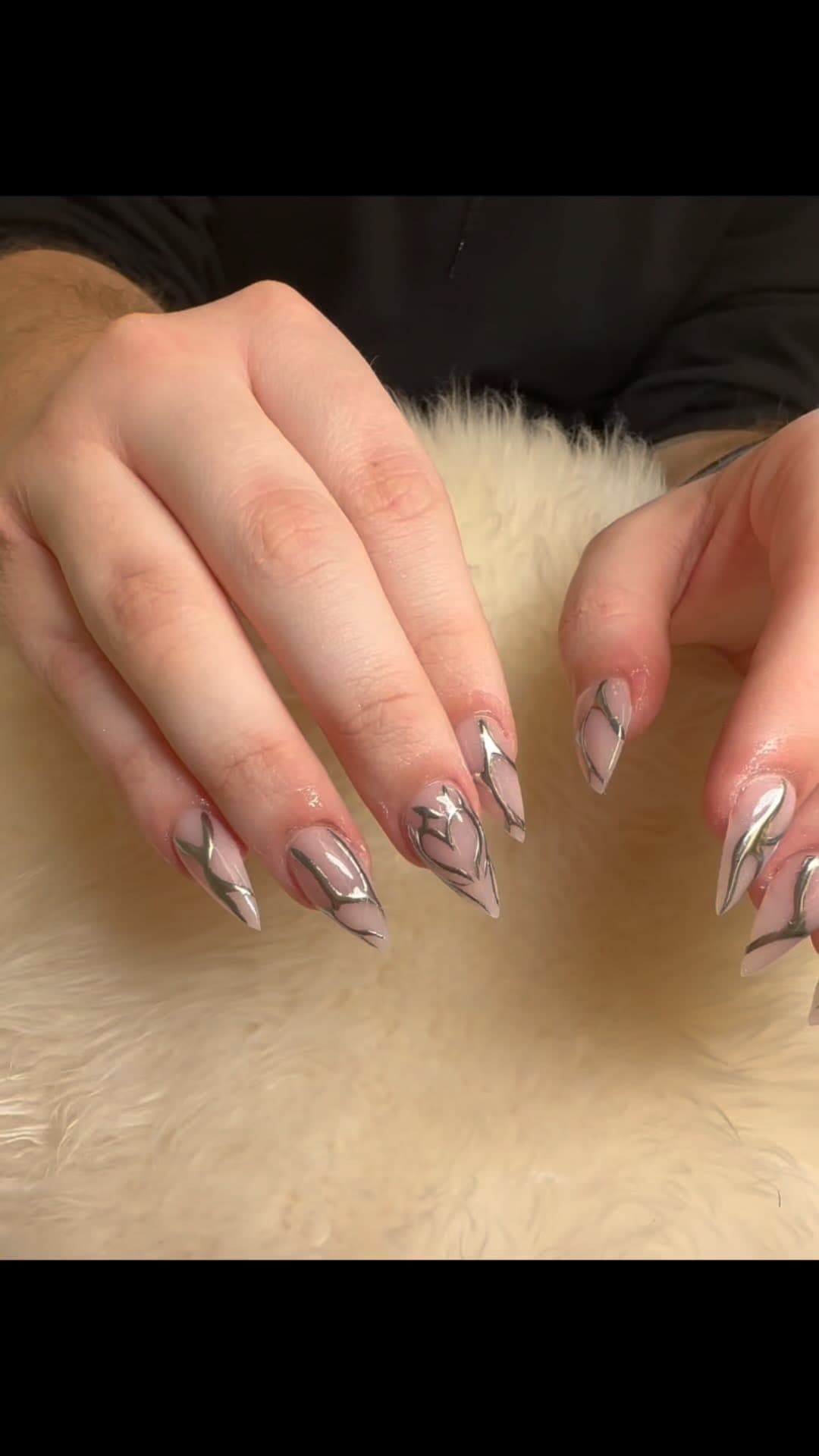 Natural almond nails with chrome art over builder gel